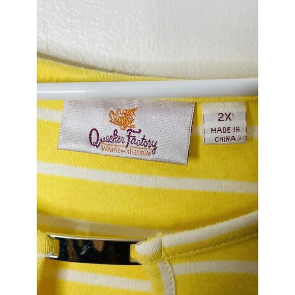 Quacker Factory Tunic Shirt 2X Yellow Stripe Keyhole Neck Embellished Rhinestone - Picture 3 of 8